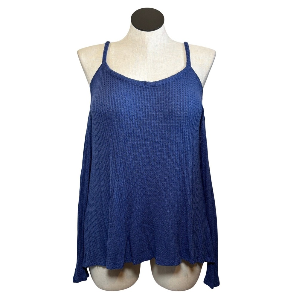 Sunday Womens Blue Waffle Knit Cold Shoulder Long Sleeve Top Large V-Neck